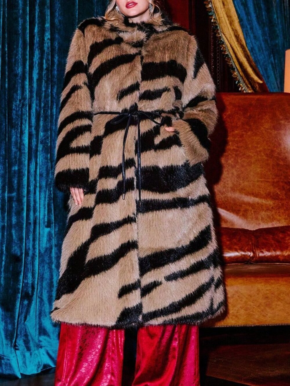 Brown Casual Women's Animal Print Faux Fur Lapel Long-Sleeve Tie-Waist Long Coat